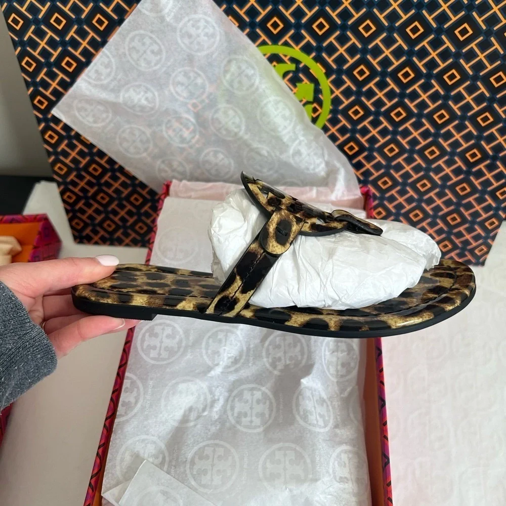 Tory Burch Miller Printed Patent Sandal Natural Leopard Size 5 Tan Brown Black